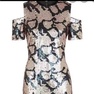 NWT Topshop Gold & Black Sequins Peekaboo Shoulder Party Dress Sz 6